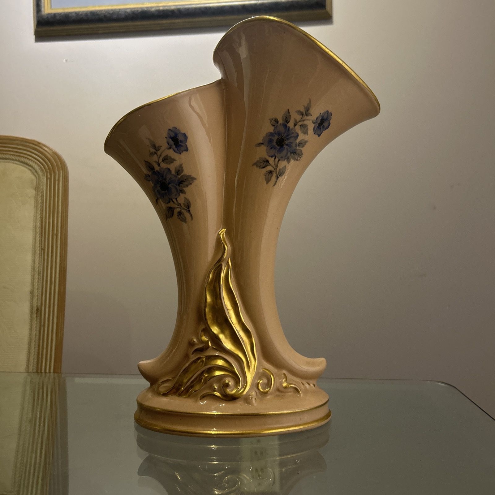 Antique Princeton Pottery, Old Hollywood Pink, Gold DOUBLE CORNUCOPIA VASE