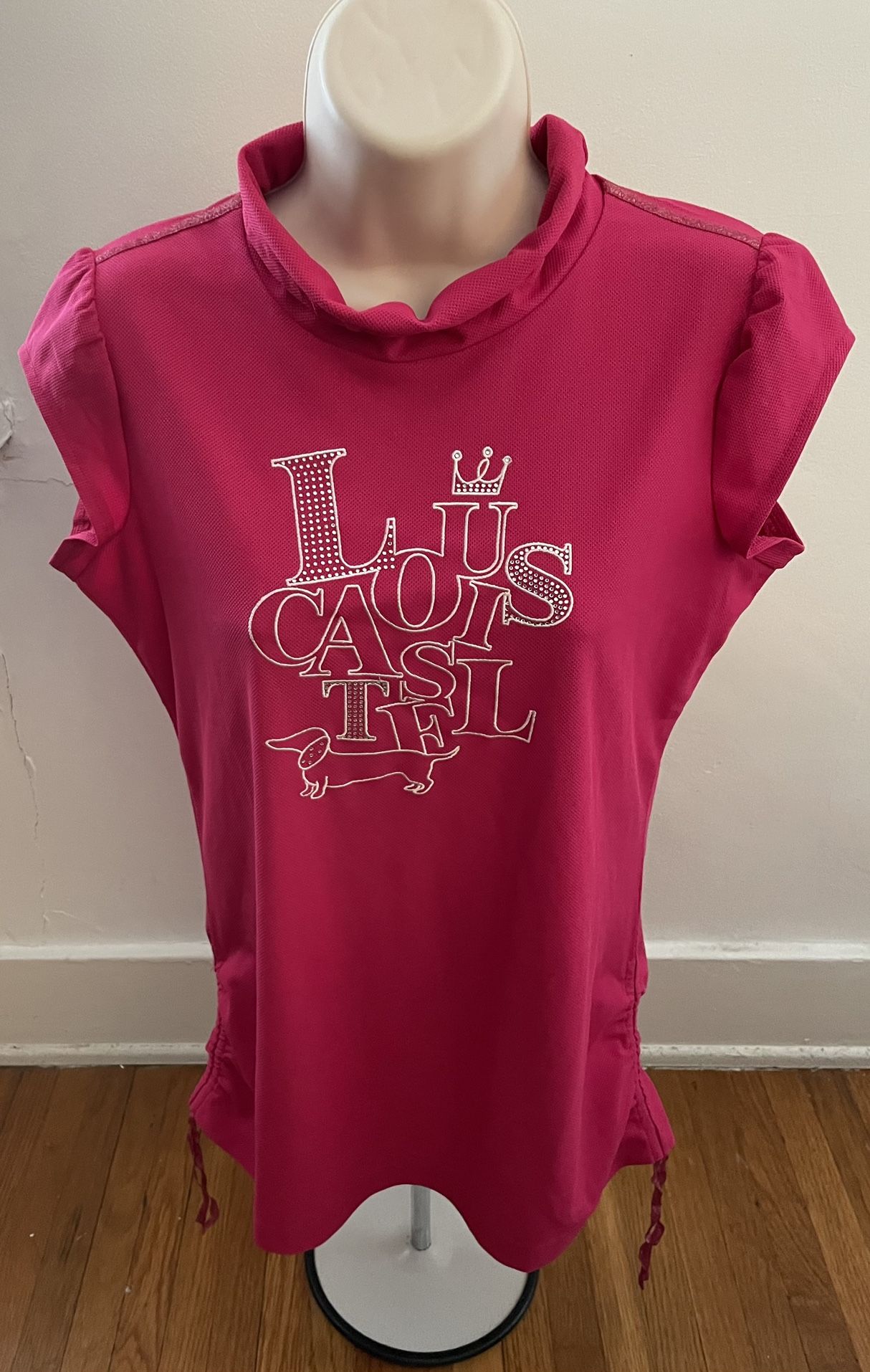 Louis Castel Women’s Golf Pink Dachshund Embroidered Beaded Top, size S