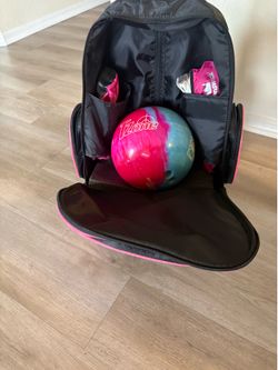 Bowling ball, bowling bag, women’s bowling shoes