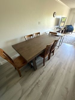 Linzy Pine Wood Dining Table with six chairs