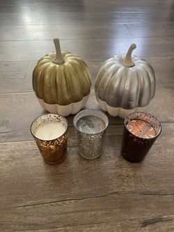 Fall Decor Gold Silver Pumpkin Candles Set