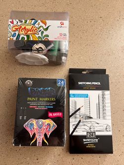 Brand new set of 2 artist set of acrylics, paint markers, sketchers pencils