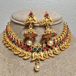 Vintage Choker Earrings Set Goldtone INDIA Hand Made Jewelry 