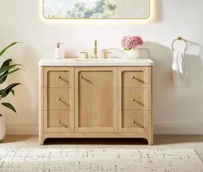 Milner 48 in. Single Freestanding Brushed Oak Bath Vanity with Grain White Engineered Stone Top Assembled