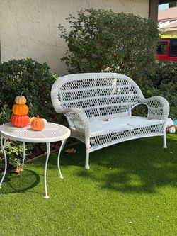White Wicker Patio Bench & Metal Side Table Set