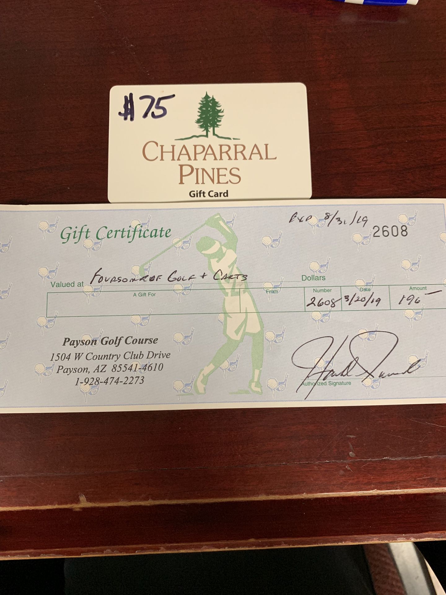 Payson golf course certificates. Total 275$