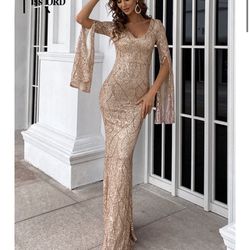 Slim Mermaid Long Evening Dress For Women Deep V Sequins Gold Ball Gown Party Dress