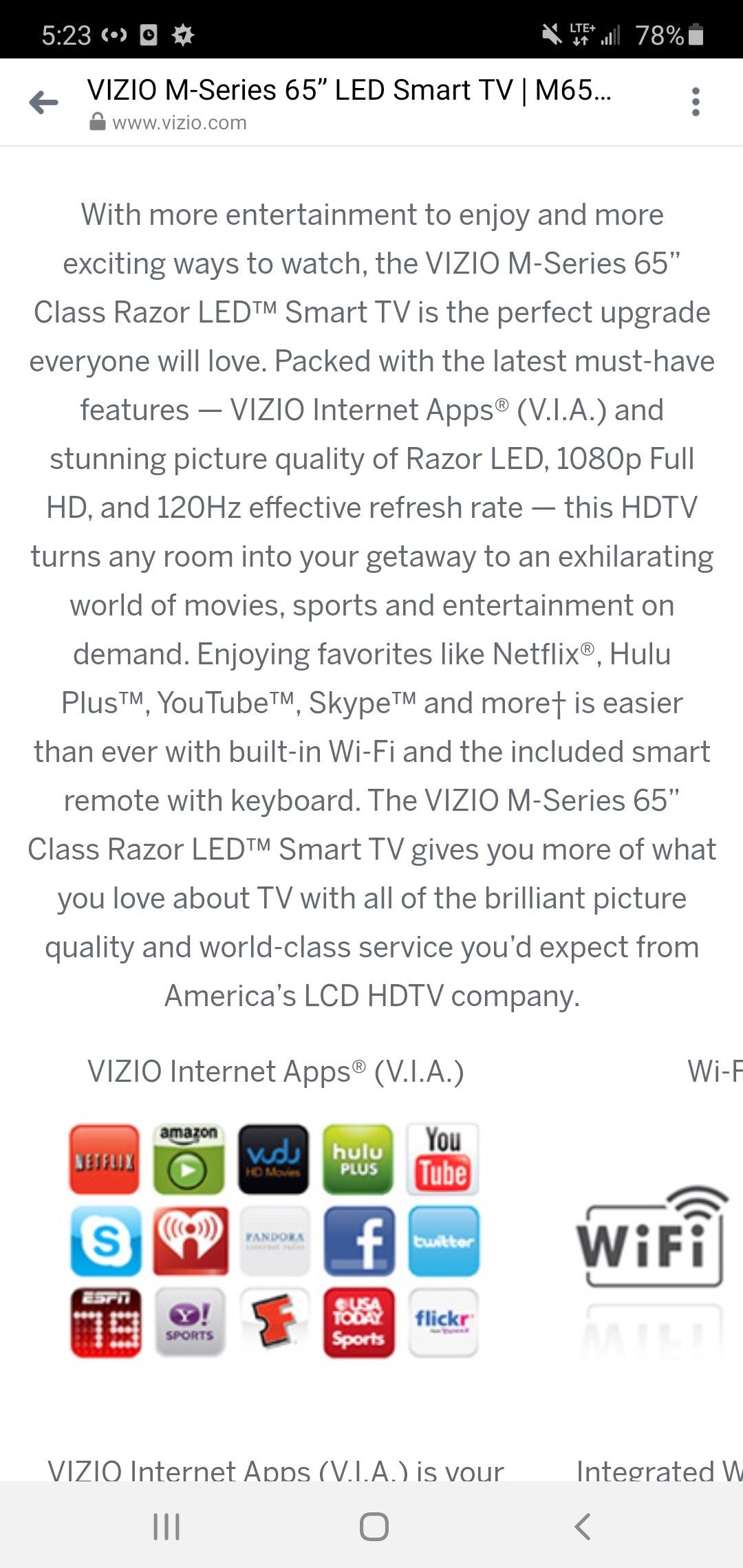 Vizio Mseries 65" Class Razor LED Smart TV M650VSE eco HD, full