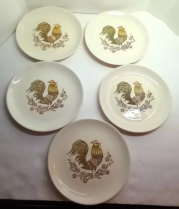 Taylor Smith & Taylor (TS&T) Rooster Bread & Butter Plate Set 5 Colorful 1960's