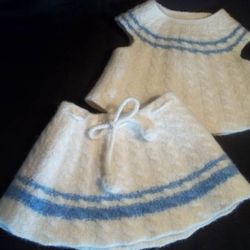 Vtg Handmade Crochet Boiled Wool THICK Sweater Top Skirt Outfit 18-24M