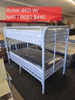 White Metal Bunk Bed with Mattresses