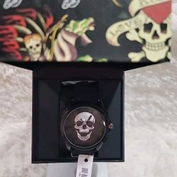 Ed Hardy Men’s  Silver Skullface Watch Black Rubber Strap Brand New In Box