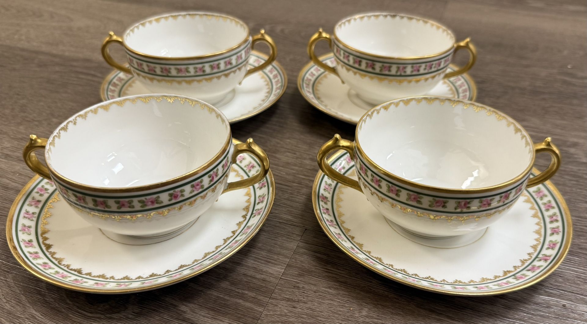 GDA Limoges Rose Print Handled Soup Bowl and Saucer Set Of 8. Made In France