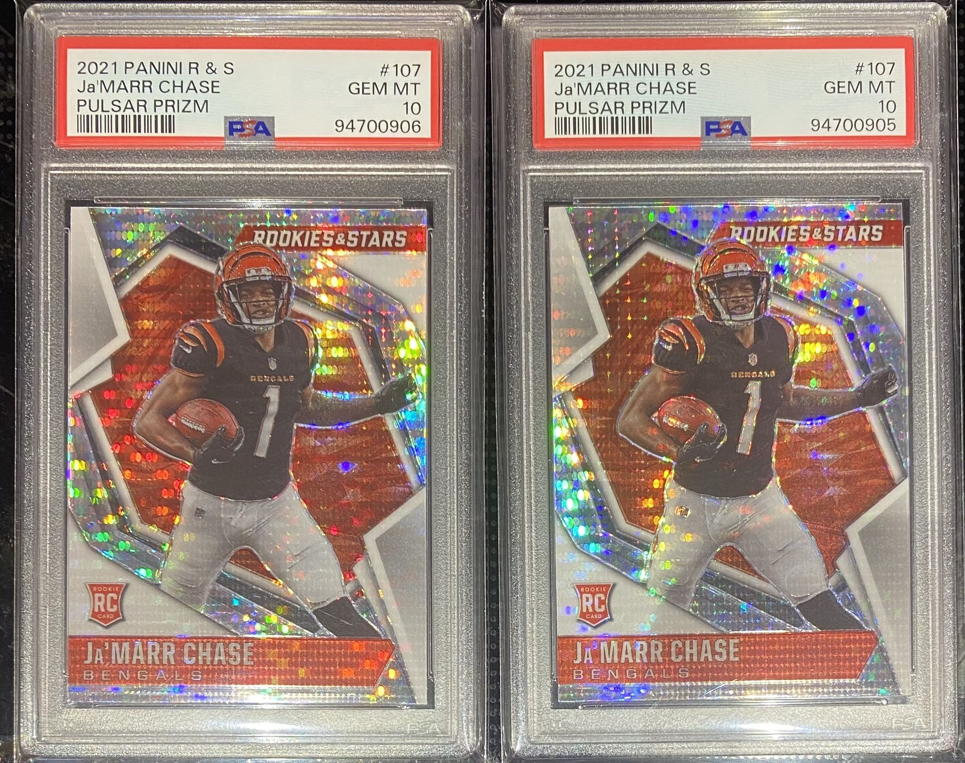 2021 Rookies & Stars Exclusive Pulsar Prizm Ja’MARR Chase Rookie Card PSA 10  $50ea