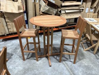 BRAND NEW OPEN BOX OUTDOOR BAR TABLE 31" BY 43" HIGH WITH 2 BARSTOOLS - SOLID WOOD