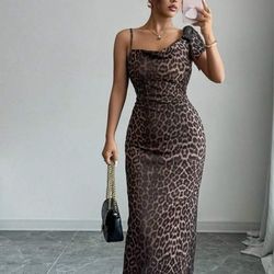 Leopard print maxi dress cowl neck one shoulder bodycon