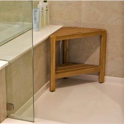 Teak Wood Corner Shower Bench with Shelf