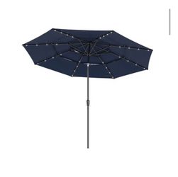 New in box MIDHAM 11-ft Iron Blue Crank Garden Patio Umbrella with solar light, 510008-01