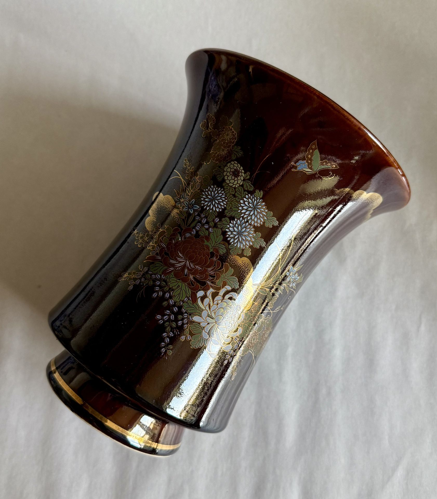 Large Vintage Dark Red Glazed Japanese Flower And Butterfly Porcelain Vase 