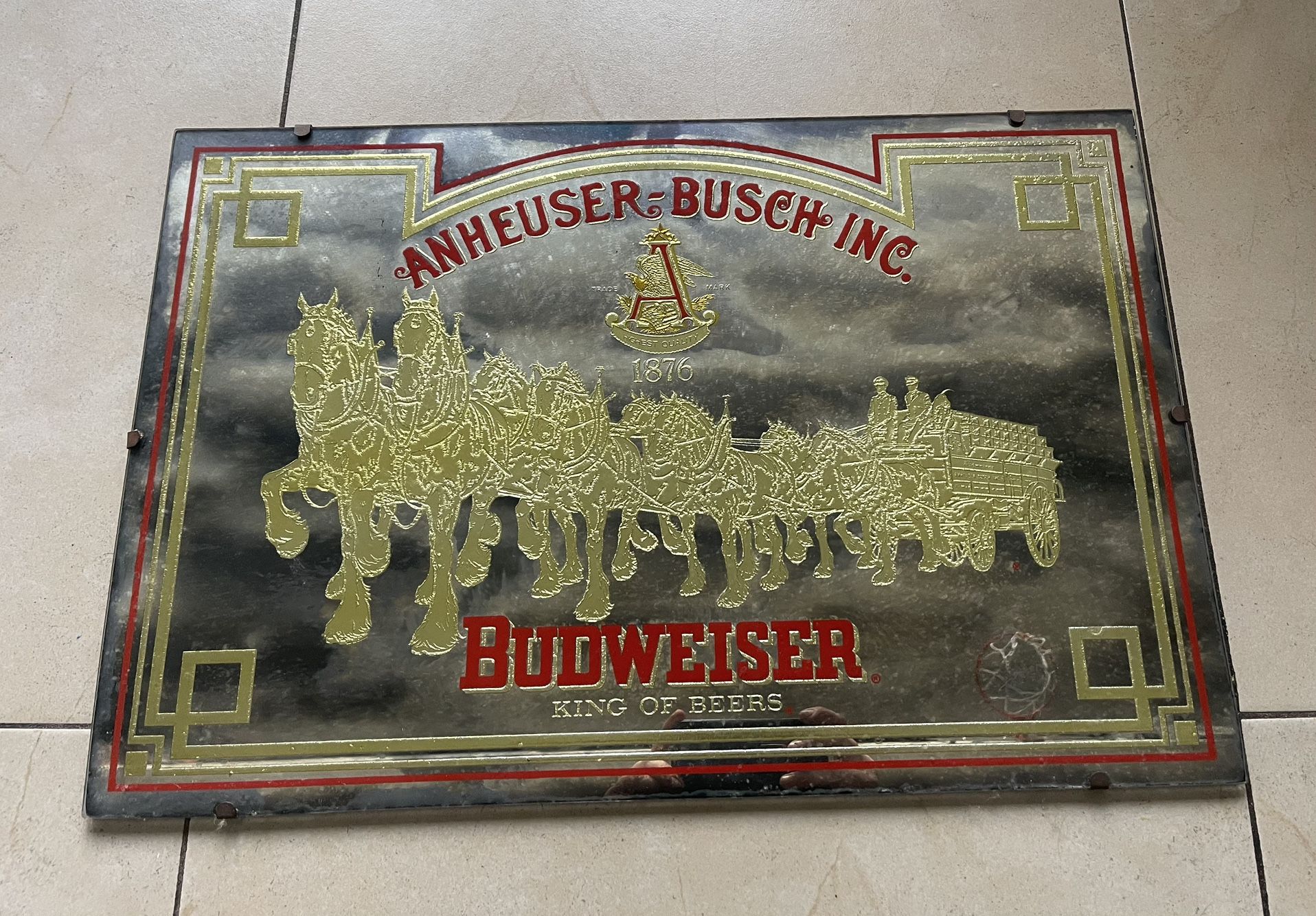 VTG Budweiser King Of Beers Clydesdales Anheuser-Busch Hanging Beer Mirror Sign
