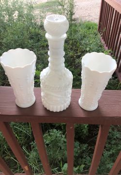 White vintage wine carafe and 2 vases