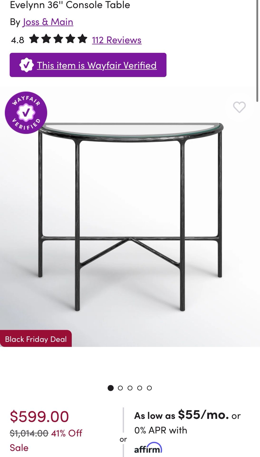 36” console table with glass top