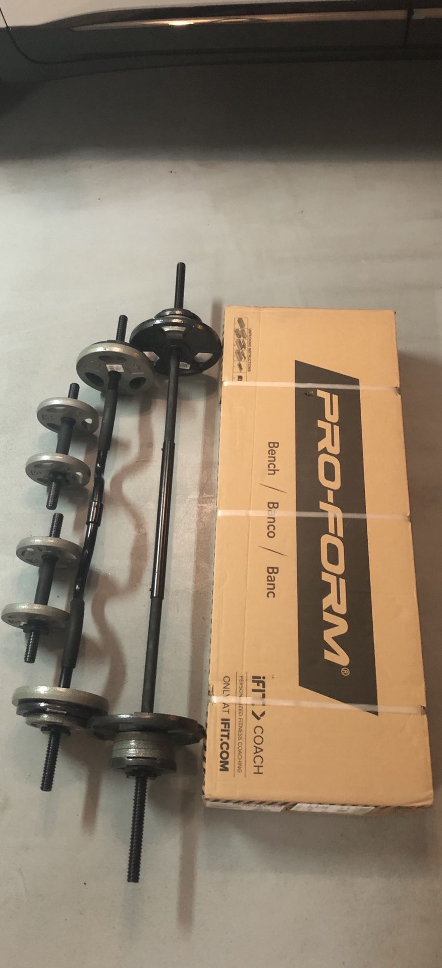 PROFORM Standard Weight Bench XT, CAP combo Curl Bar, 5ft CAP weight lifting bar, 2 CAP 14” adjustable dumbbell bars. 195lbs of standard steel plates.