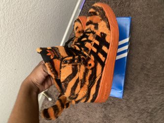 adidas gazelle silver green womens JEREMY SCOTT x ADIDAS Size 9 Orange & Black Tiger Print High Top Sneakers   Sui Generis Designer Consignment