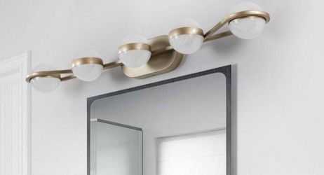 35.4 in. 5-Light Gold Bathroom LED Vanity Light Fixtures with Minimalist Frosted White Globe Glass shades