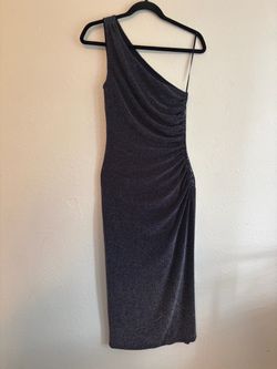 One-Shoulder Shimmer Midi Dress in Dark Charcoal with Sequins and Slit