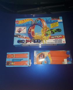 $30 Chino New HOT WHEELS TRACK DOUBLE LOOP DRAG RACE LAUNCHER + EXTRA TRACK & 5 CARS