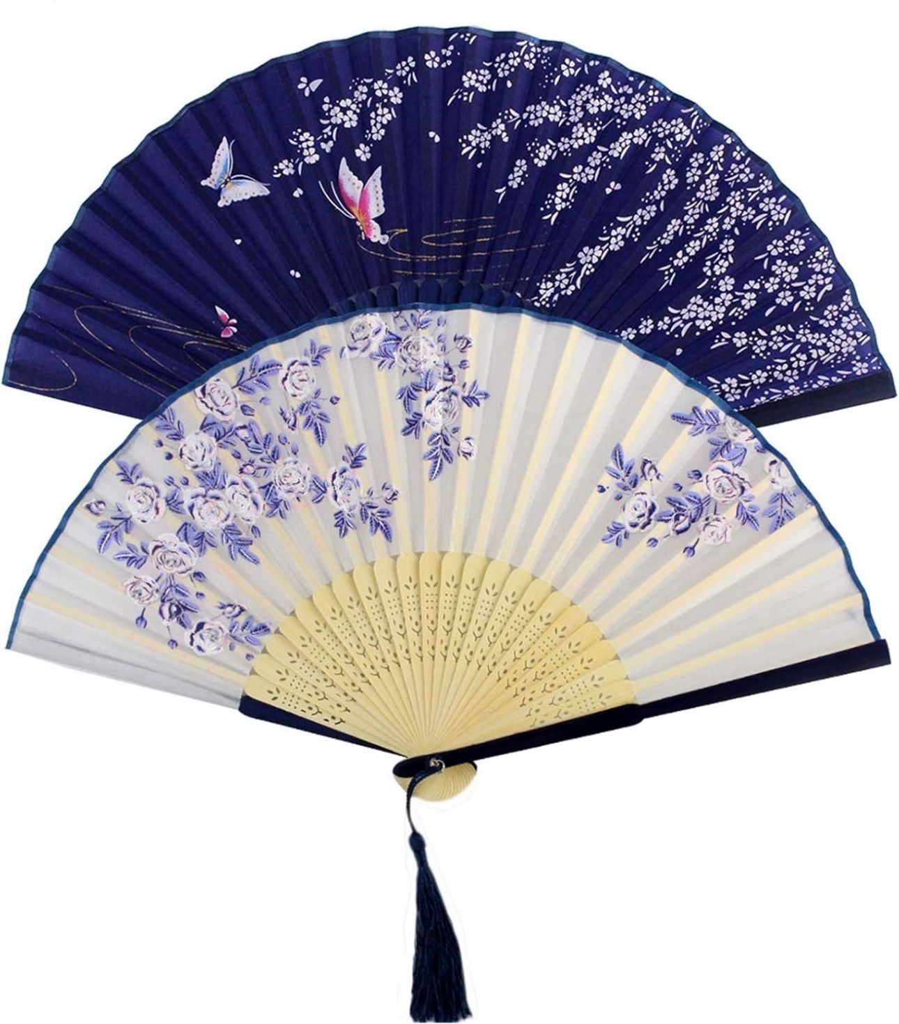 Bantoye 2 Pieces Handheld Fans, Silk Folding Fans with Bamboo Frames