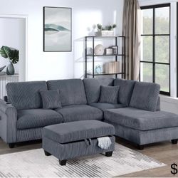Corduroy Sectional Sofa With Ottoman Storage And Usb Charging Port