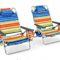 Goplus Backpack Beach Chairs, 2 Pcs Portable Camping Chairs with Cool Bag and Cup Holder, 5-Position Outdoor Reclining Chairs for Sunbathing, Fishing,