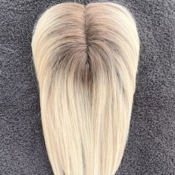 10 Inch Long Real Human Hair Topper for Women with Thinning Hair, Ombre Brown Roots Fading to Blonde, Clip In Wiglet, One Piece Extensions, NEW In Box