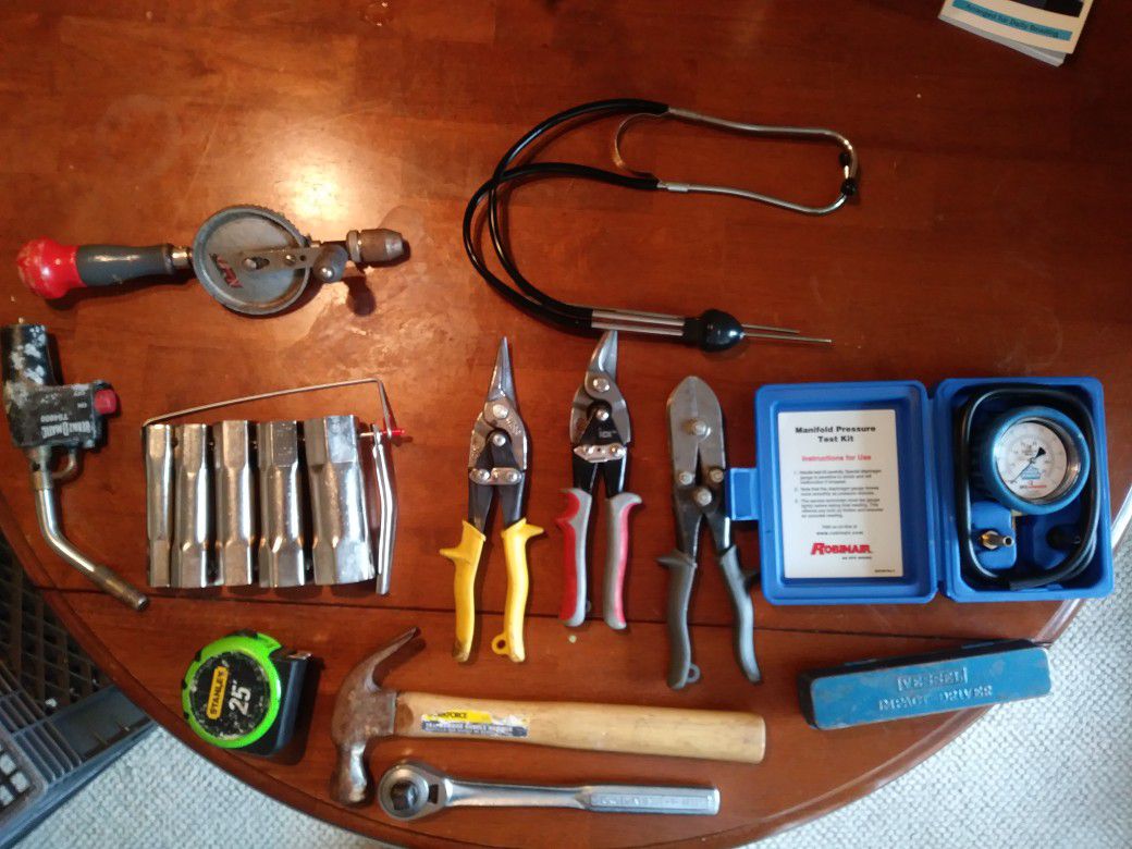 Tool lot, includes, snips, crimper manometer, plumbing socket set, tourch head & more