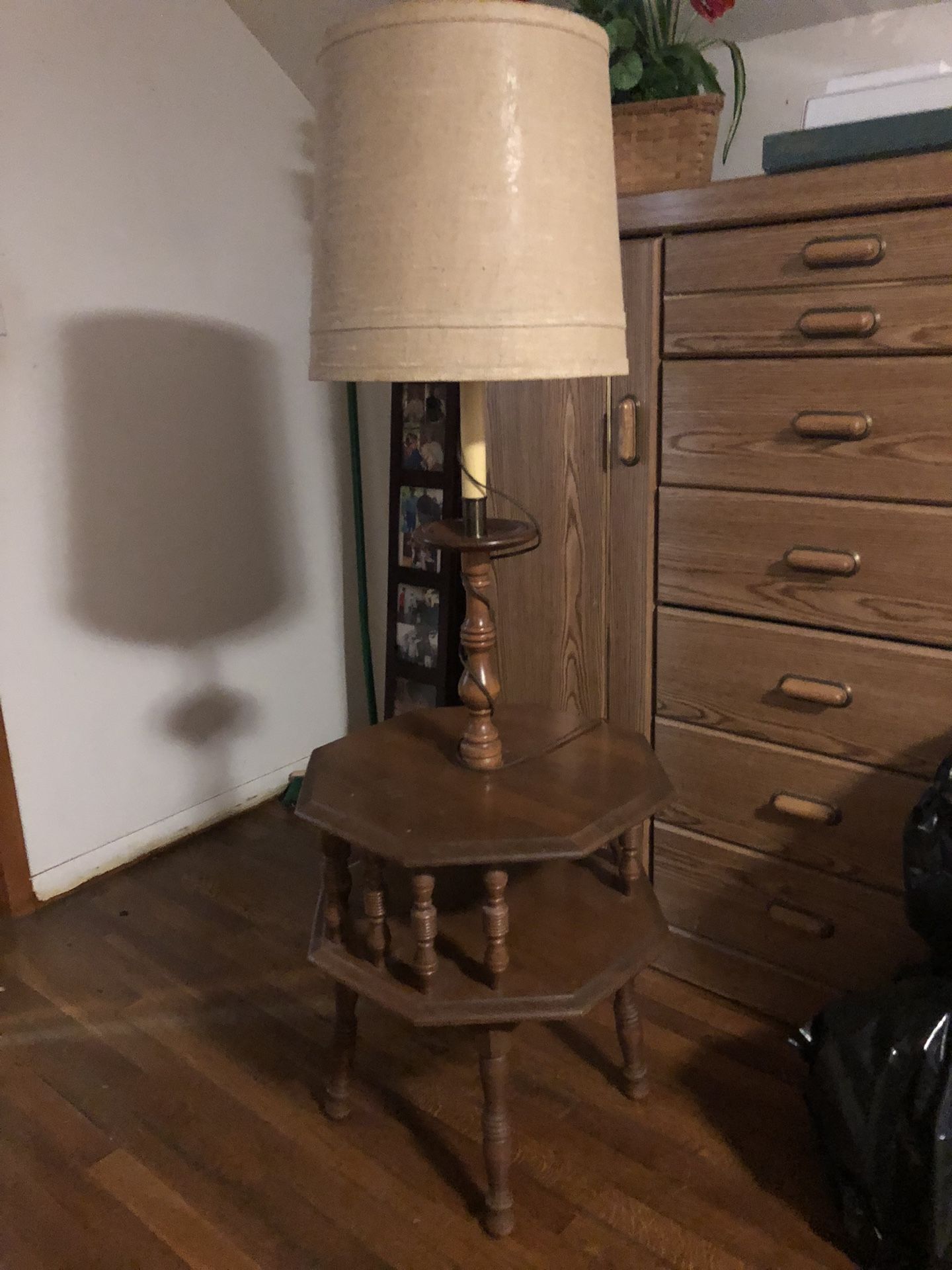 Beautiful Ethan Allan Style Lamp Table With Lamp Attached With Double Tier Table Surface And Spindles Between The Tiers