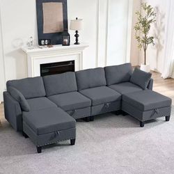 Flexible Combination Reversible 4-Seater Modular Sofa with Storage Ottomans,Rivet Design Convertible Sleeper Sofa，Dark Grey