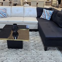 BRAND NEW 
Black & White Stylish Faux Leather Sofa Chaise  Sectional Set With Cup Holder Drop-Down Table
