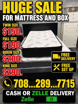 Huge sale for Mattress And Box Twin size #mattress and box 150.$ full 190$ Queen 200$ king 290$. free delivery free set up 708….289…7715… cash or Zell