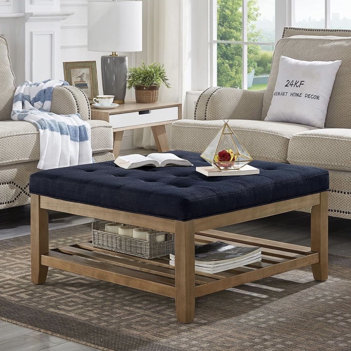 B-98 24KF Large Square Upholstered Tufted Linen Ottoman, Large Footrest Ottoman with Solid Wood Shelf- Navy Blue