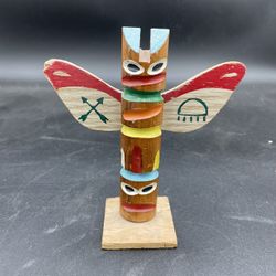 Vintage 6.5” Carved Wood Hand Painted Totem Pole Statue Figurine