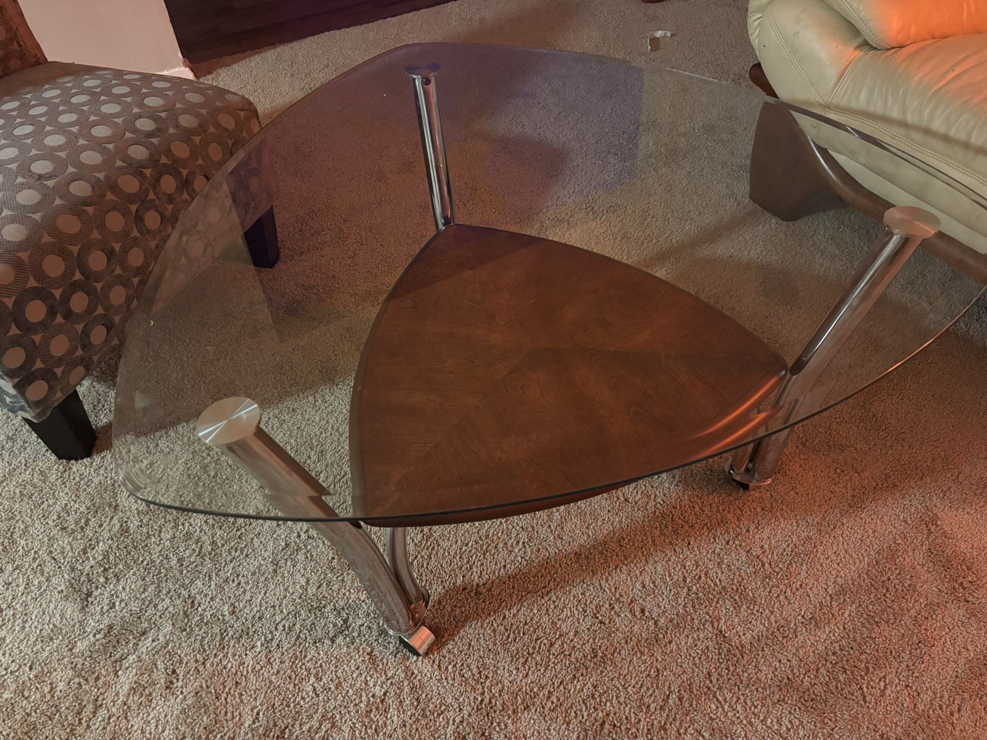 Triangular Wood & Glass Coffee Table on Wheels