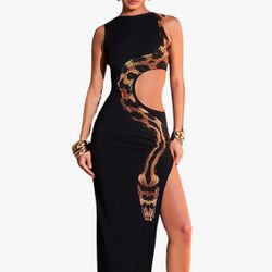 Women's Sexy Snake Print Sleeveless High Slit Party Club Dress