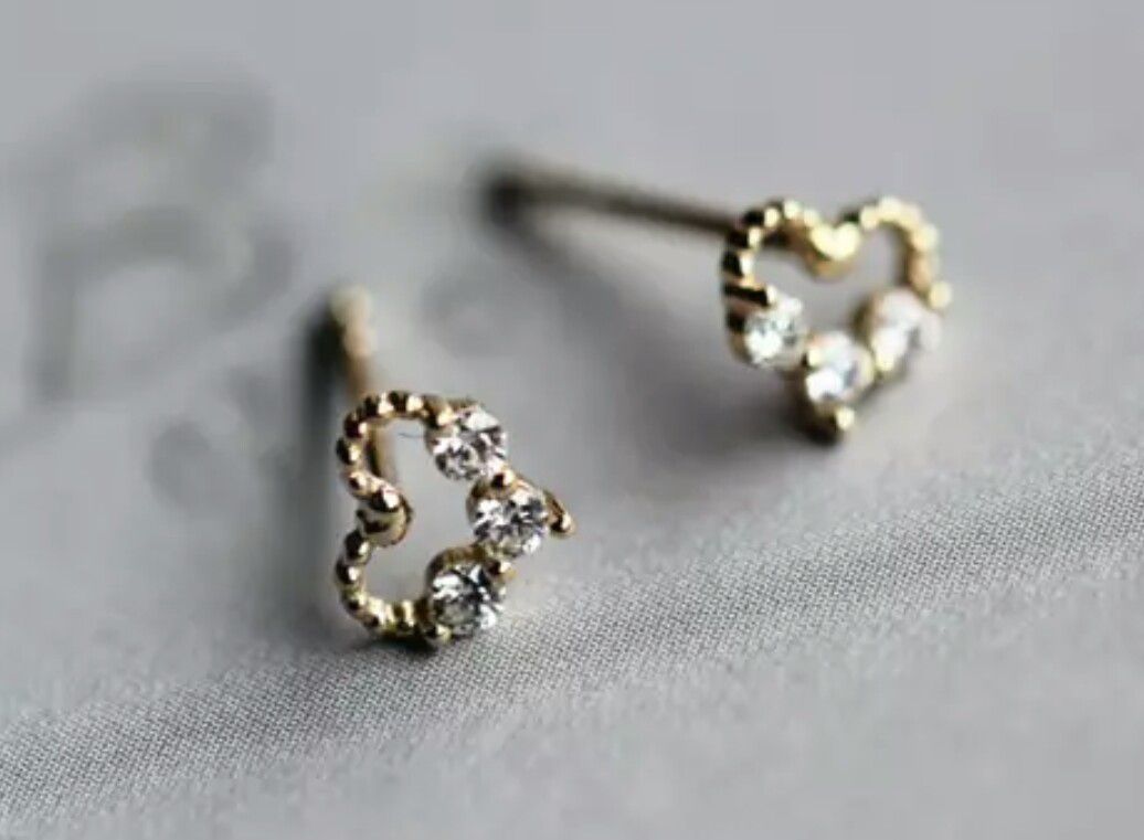 14K Solid Gold Crystal Dainty Heart Stud Earrings