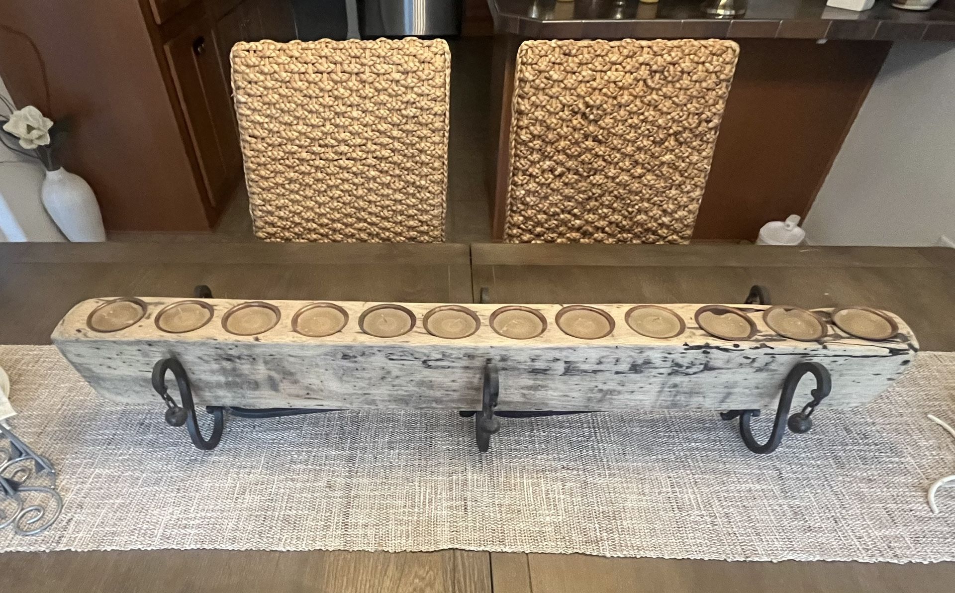 Rustic Wood Centerpiece Candle Holder – 12-Cup with Wrought Iron Stand