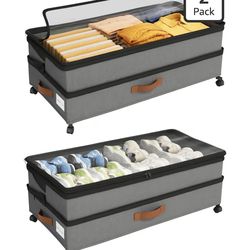 Under Bed Storage with Wheels 2 Pack – Large Under Bed and Closet Storage - Expandable Storage Bins with Lid & Dividers, Low Profile Storage Solution
