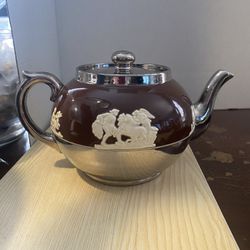 Vintage Gibson & Son Staffordshire England Teapot Brown And Silver With Raised Relief Greek-Roman Cherubs