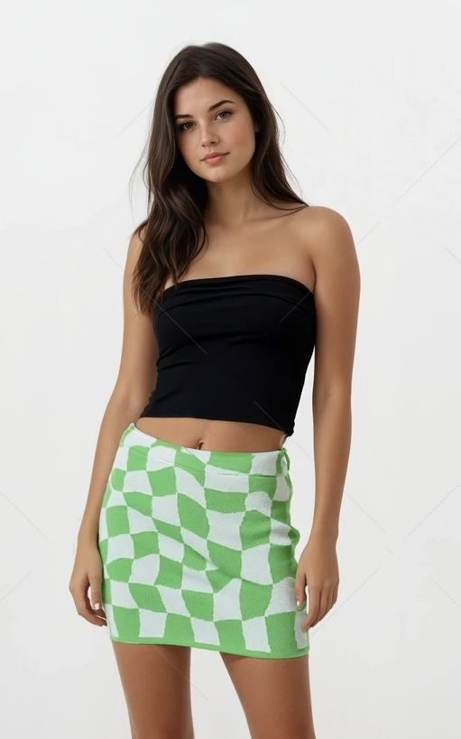 Big Waterblue Sky Green Checkered Soft Knit Mini Skirt Sz M NWT