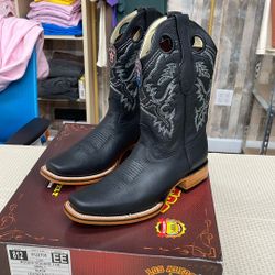 MEN'S LOS ALTOS ORIGINAL GRISLY LEG LEATHER RODEO SQUARE TOE BLACK BOOTS - Size 10.5 US